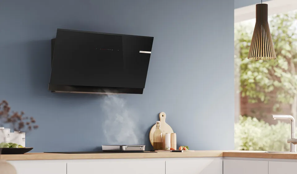 Mounted hood against a blue wall background