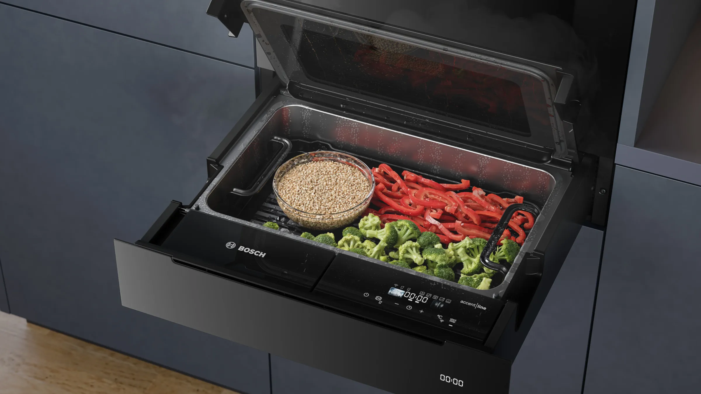 Bosch Dampfschublade mit heller Glasfront.