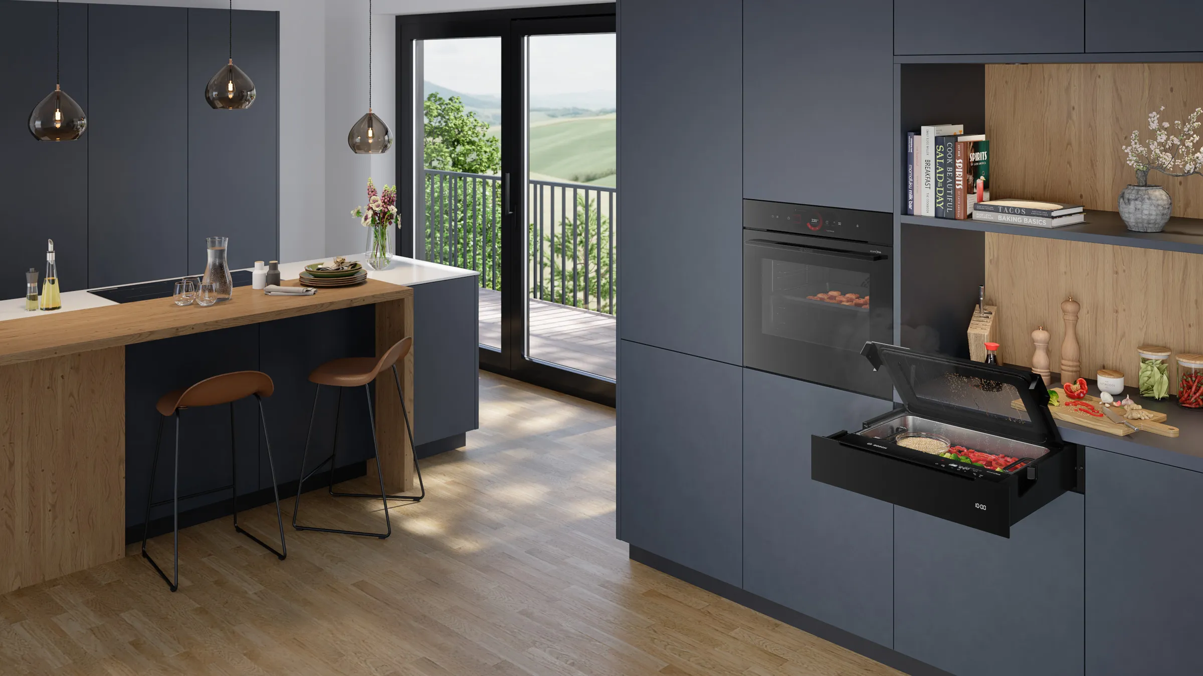 Offene Bosch Dampf-Schublade der Serie 8 unter einem Backofen beim Garen von Reis und Gemüse in einer modernen anthrazitfarbenen Küche.