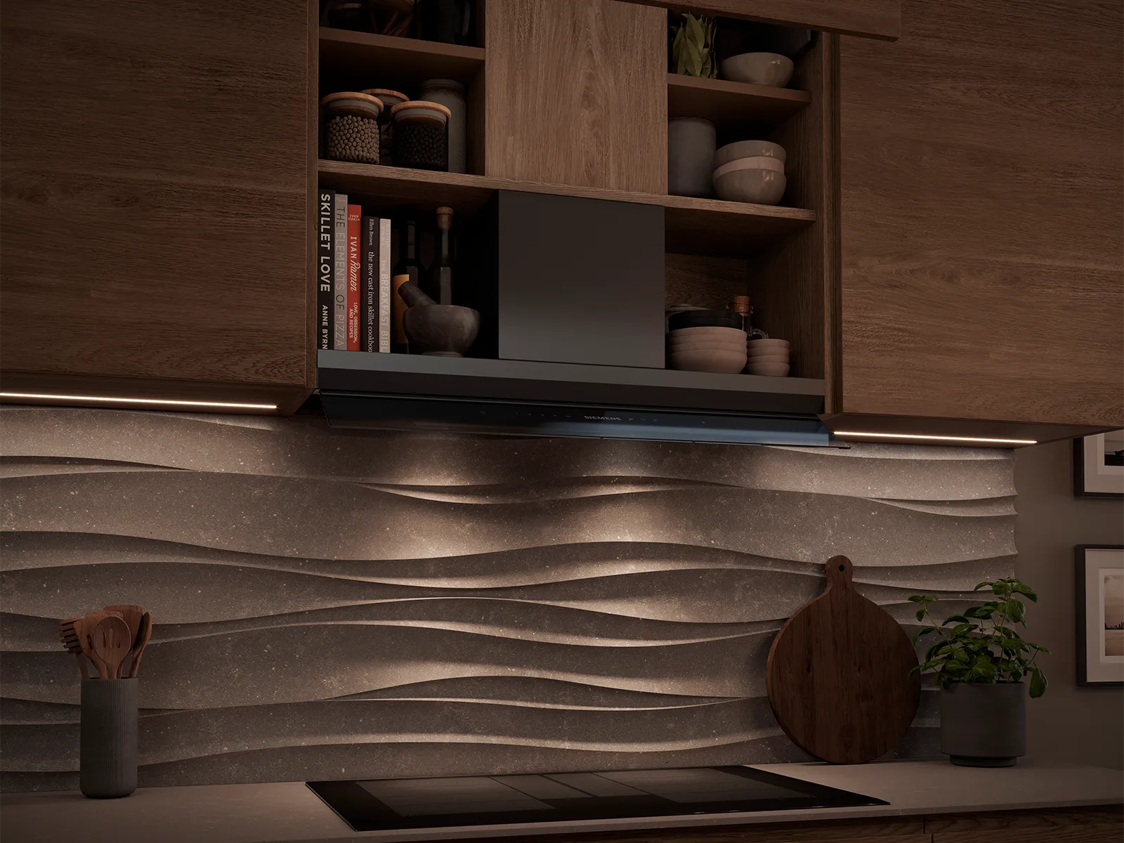 Modern kitchen with wooden cabinets, open shelving, ceramic decor, and a wavy textured backsplash.