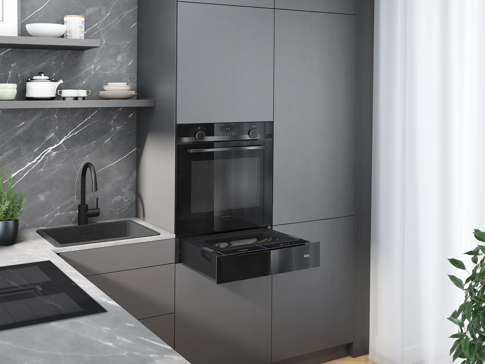 Cucina moderna con forno integrato e cassetto scaldavivande. Design elegante con piano in marmo e armadi scuri.