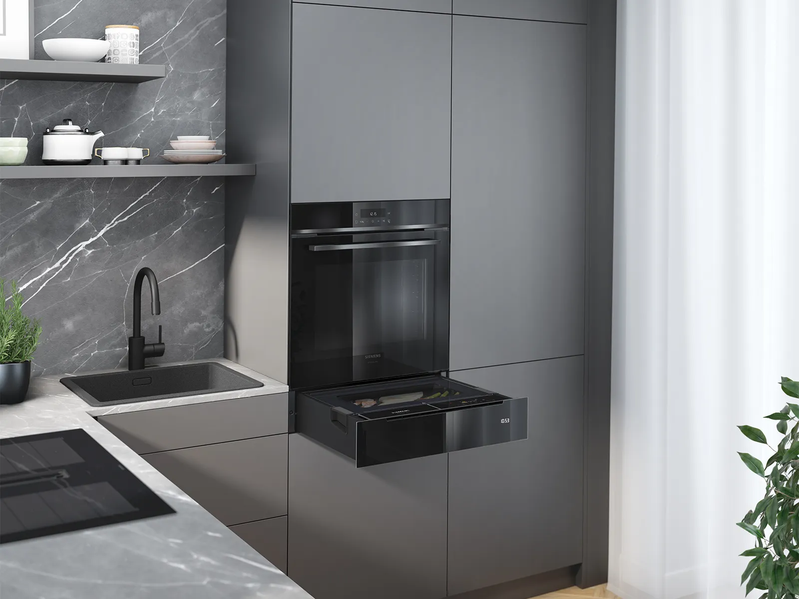 Cucina moderna con forno integrato elegante e cassetto scaldavivande, posizionati in armadi scuri accanto a un lavandino.