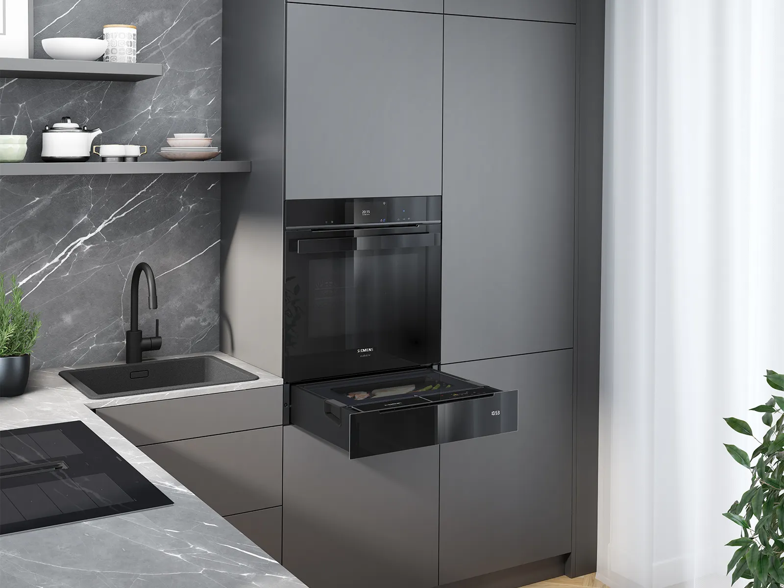 Moderne køkken med indbygget sort ovn og varm skuffe, grå skabe og marmor-bordplade.