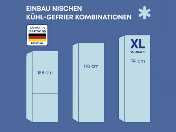 Constructa Einbau-Kühl-Gefrierkombis in 158 cm, 178 cm und 194 cm, höchste als „XL“ gekennzeichnet.