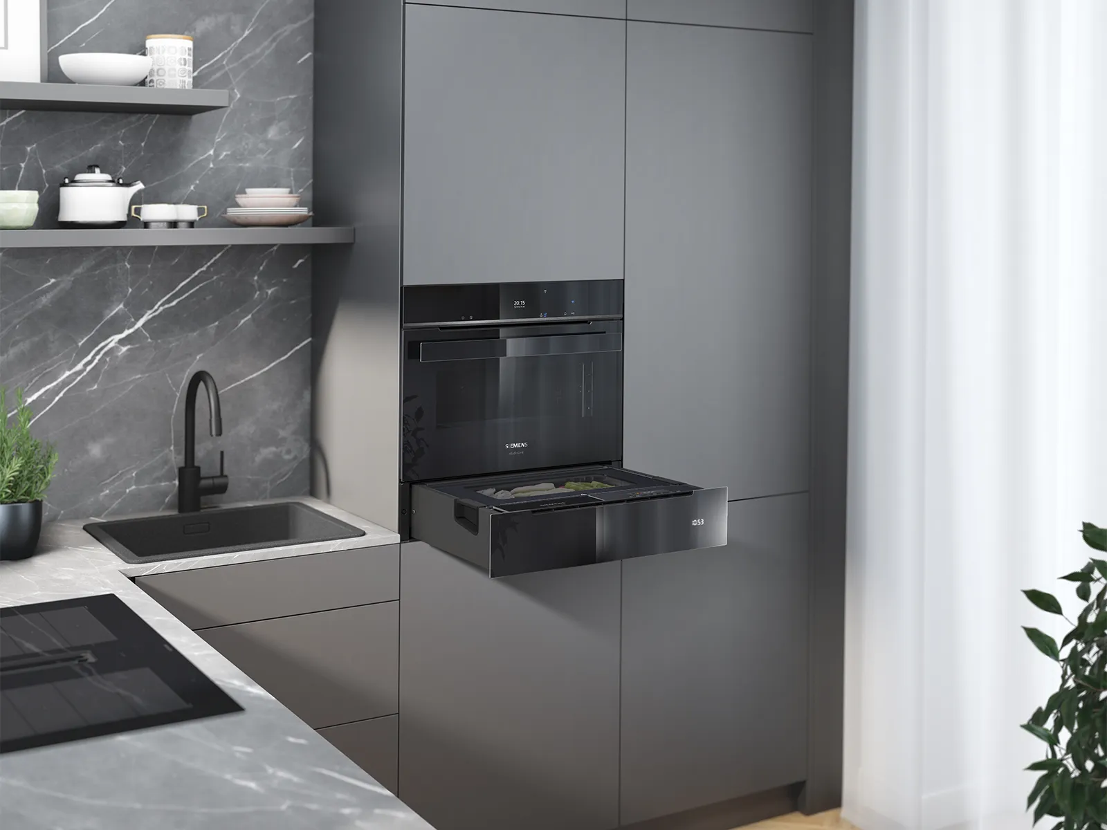 Cucina moderna con forno Bosch integrato e cassetto scaldavivande, piano in marmo e lavandino.