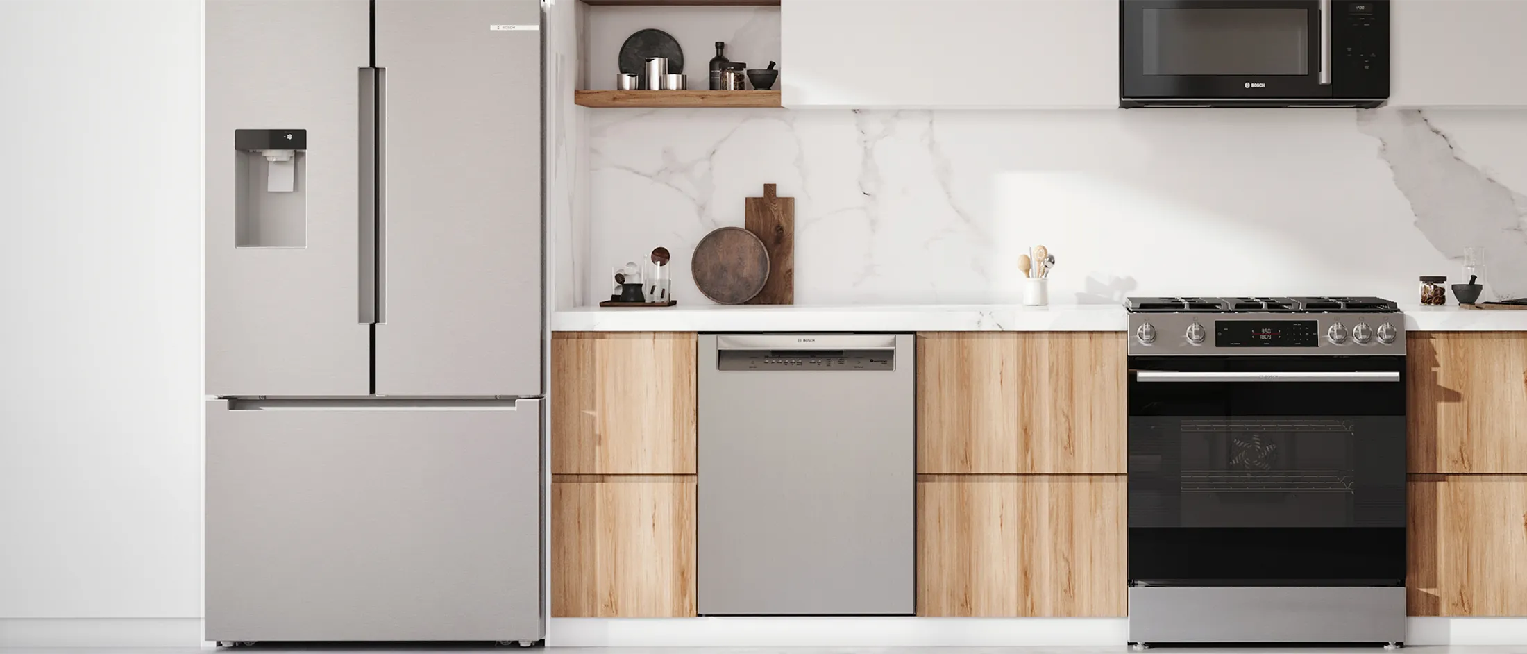 Modern kitchen featuring a stainless steel refrigerator, dishwasher, and black oven, accented by wooden cabinets and marble backsplash.