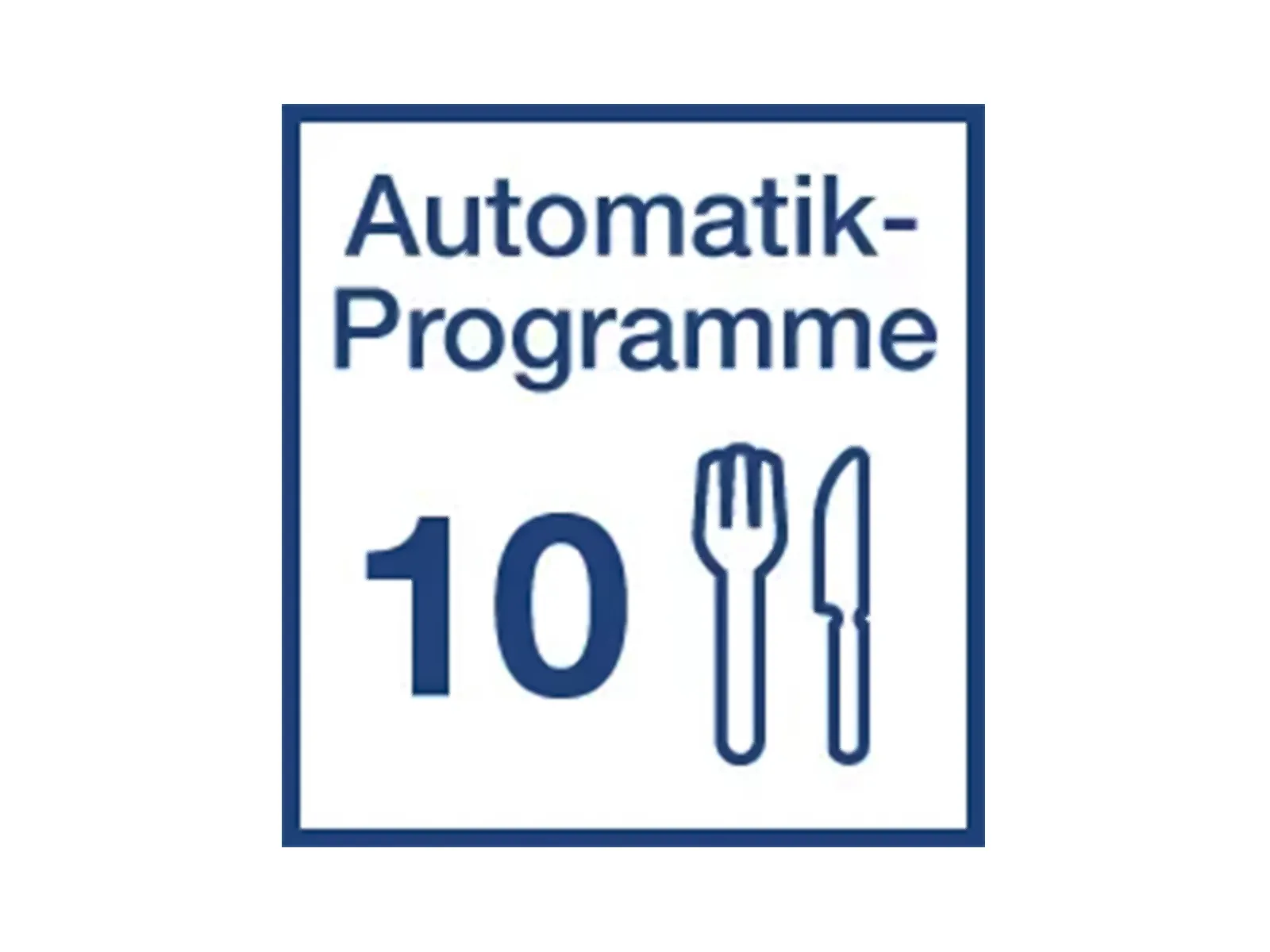 Blaues Quadrat-Icon mit "Automatik-Programme 10" und einem Gabel- und Messer-Symbol, das auf zehn automatische Kochprogramme hinweist.