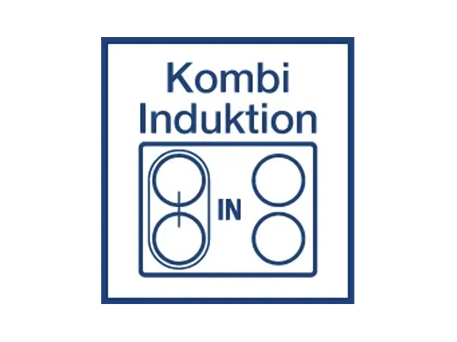 Symbol, das ein Kochfeld mit zwei runden Induktionszonen zeigt, beschriftet mit "Kombi Induktion", was auf ein kombiniertes Induktionskochdesign hinweist.