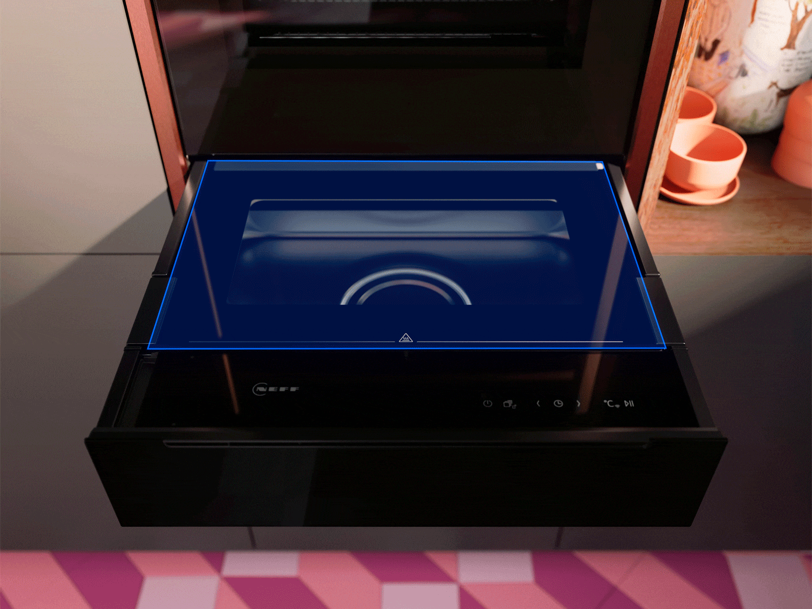 A sleek black oven drawer with a blue light indicator, located below a stylish wall oven in a modern kitchen setting.