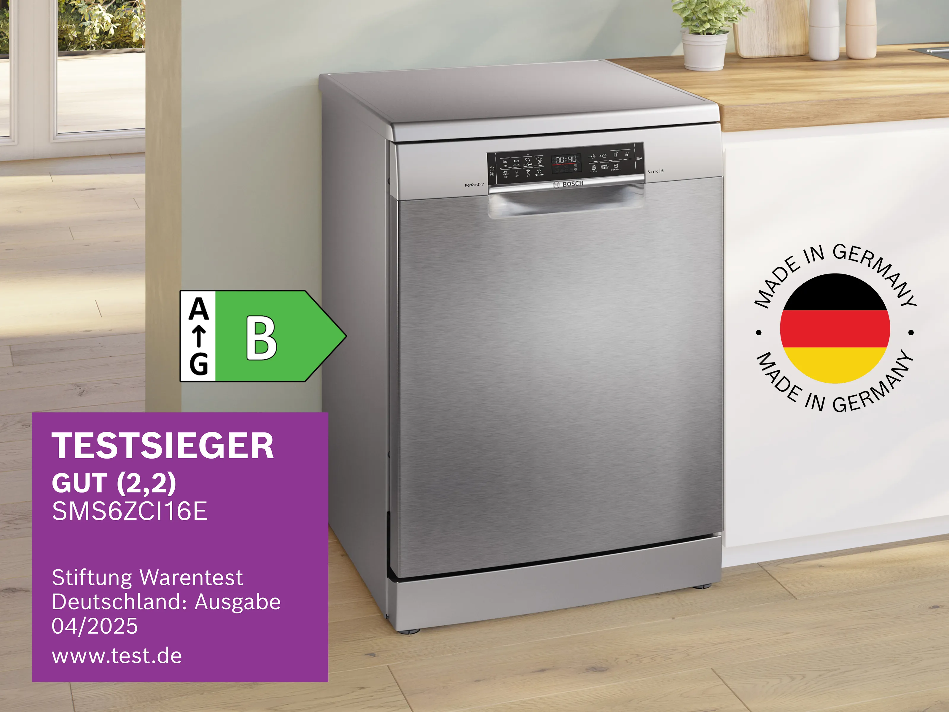 Der Serie 6 teilintegrierte Geschirrspüler SMS6ZCI16E von Bosch glänzt mit Gesamtnote GUT (2,2).