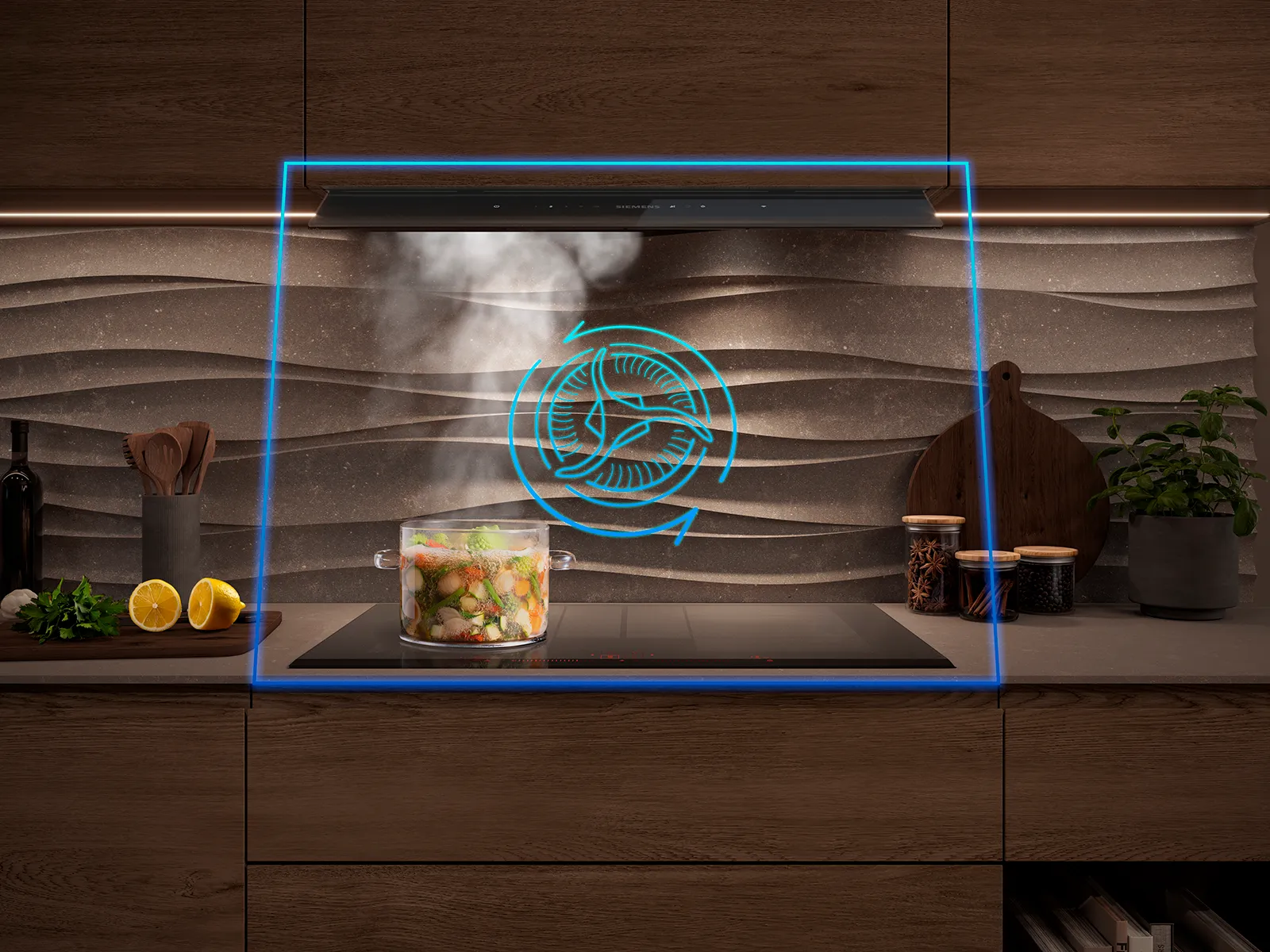 Cucina moderna con piano cottura a induzione, pentola fumante ed elegante paraschizzi, dotata di tecnologia intelligente.