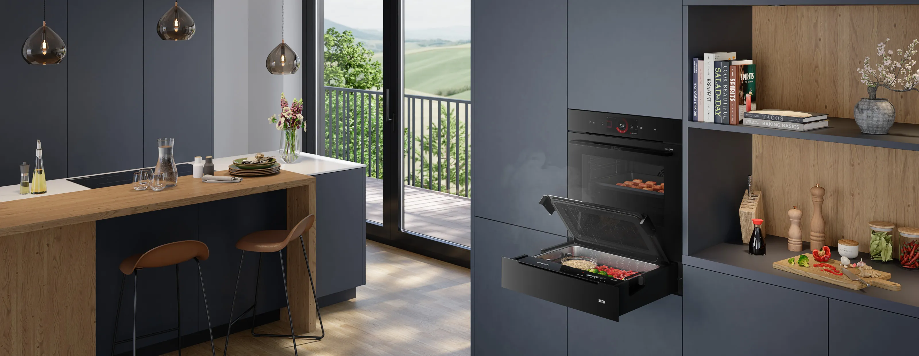 Offene Bosch Dampf-Schublade der Serie 8 unter einem Backofen beim Garen von Reis und Gemüse in einer modernen anthrazitfarbenen Küche.