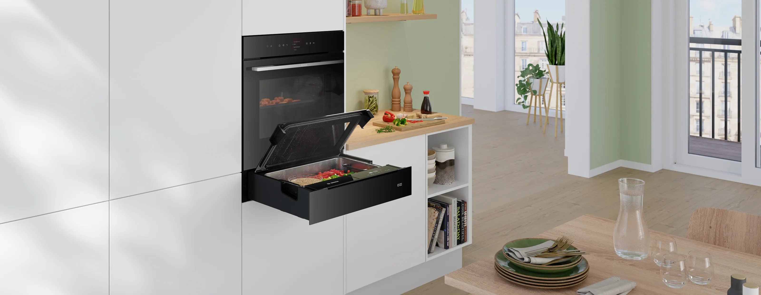 Moderne Küche mit hellen Schränken und einem eleganten Bosch Serie 8 Backofen und einer Dampfgarer-Schublade.