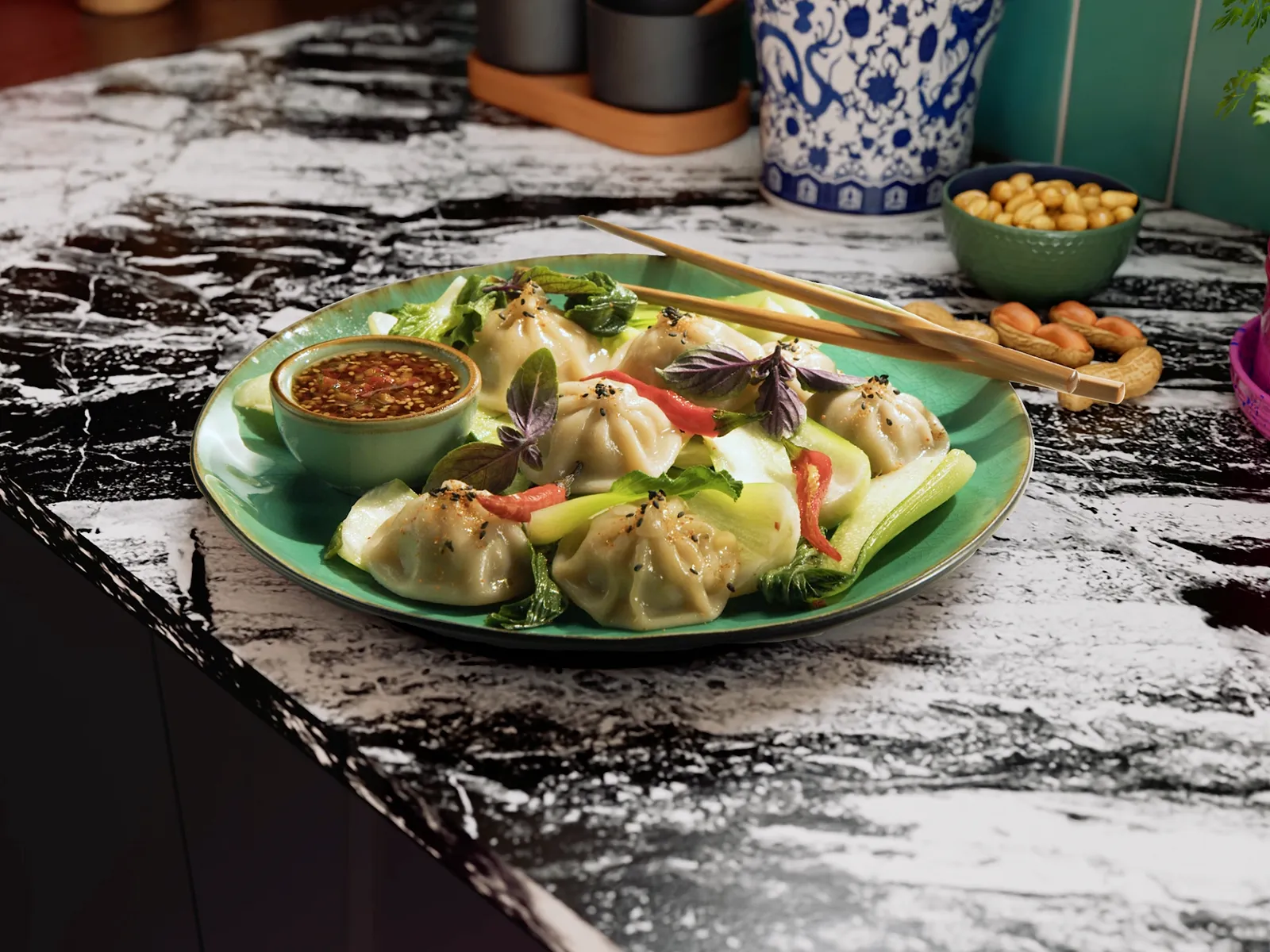 Dish dumplings with Pakchoi.