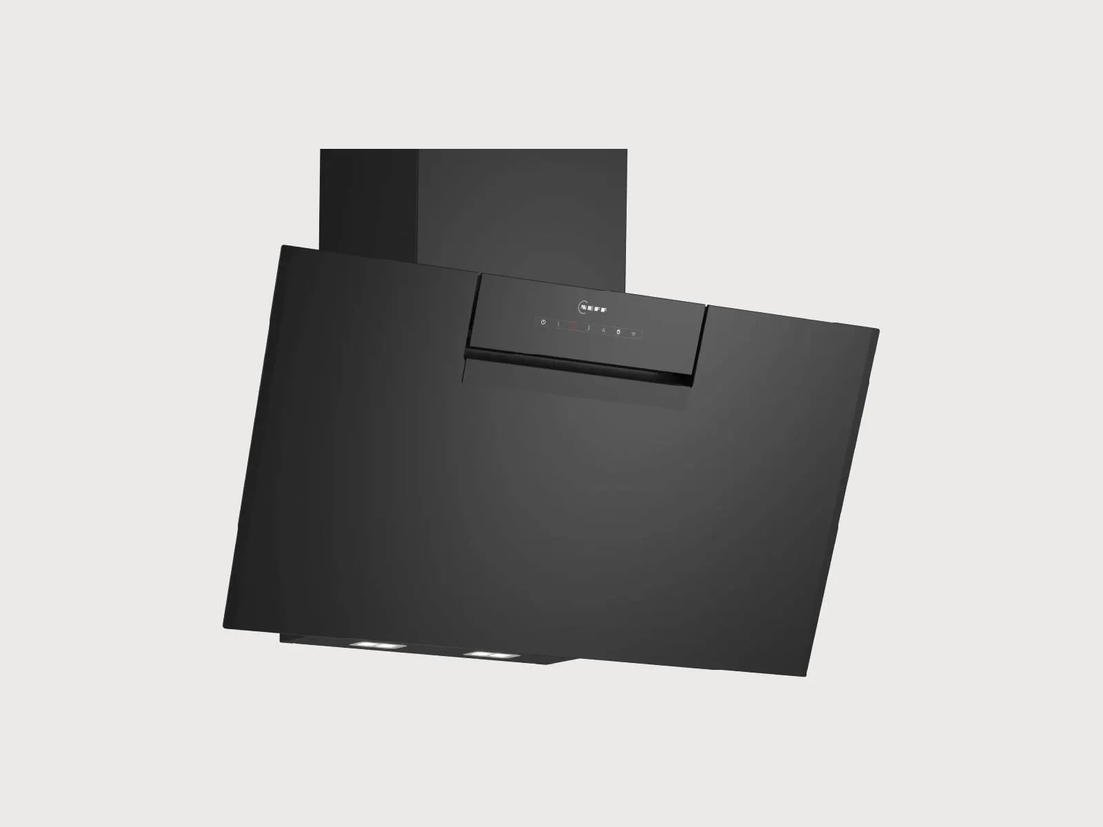 Sleek black kitchen hood with wood accents and touch controls, designed for modern kitchens to efficiently ventilate cooking odors.