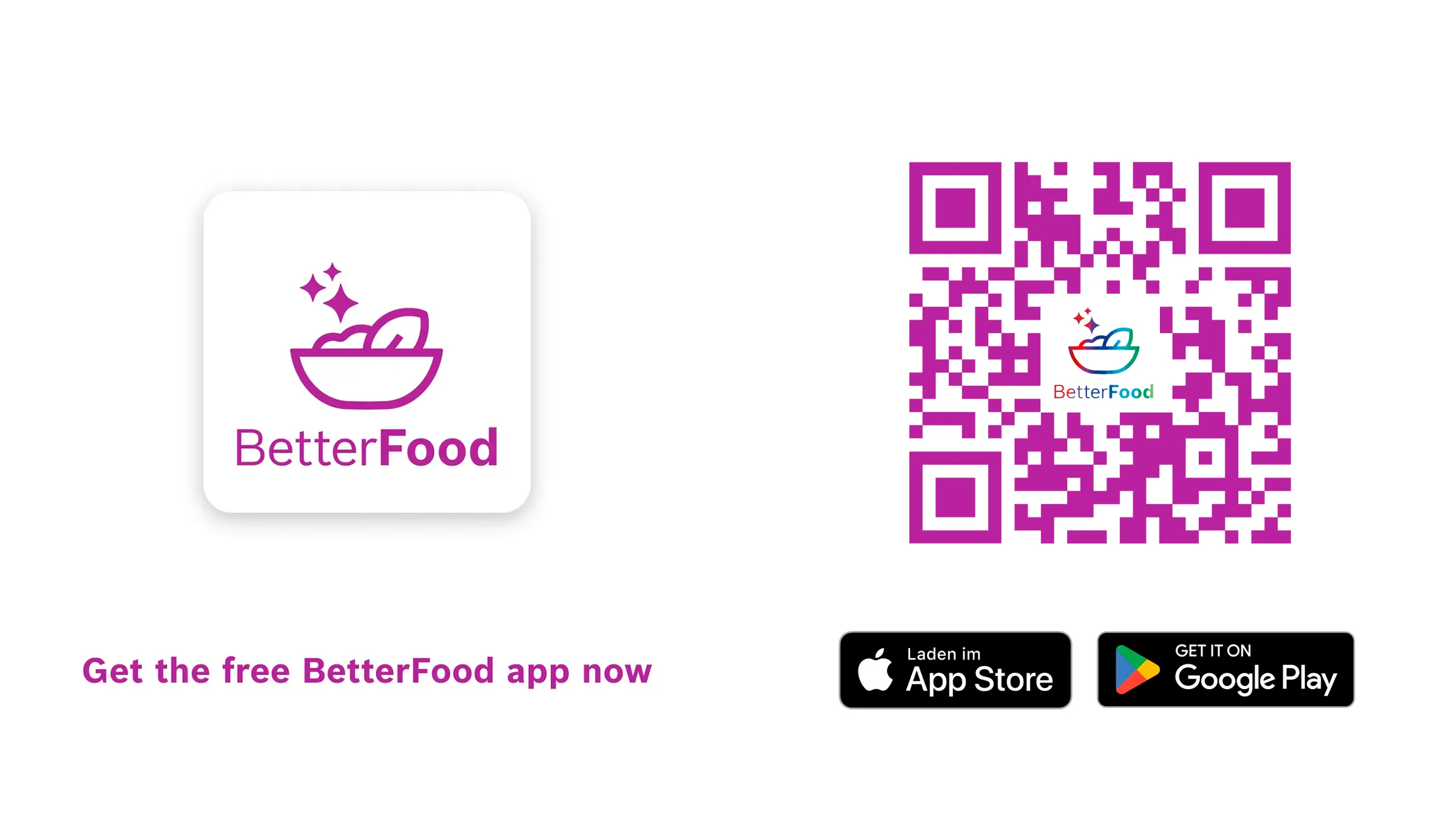 BetterFood App-Logo und ein violetter QR-Code neben den Download-Buttons für den Apple App Store und Google Play Store.