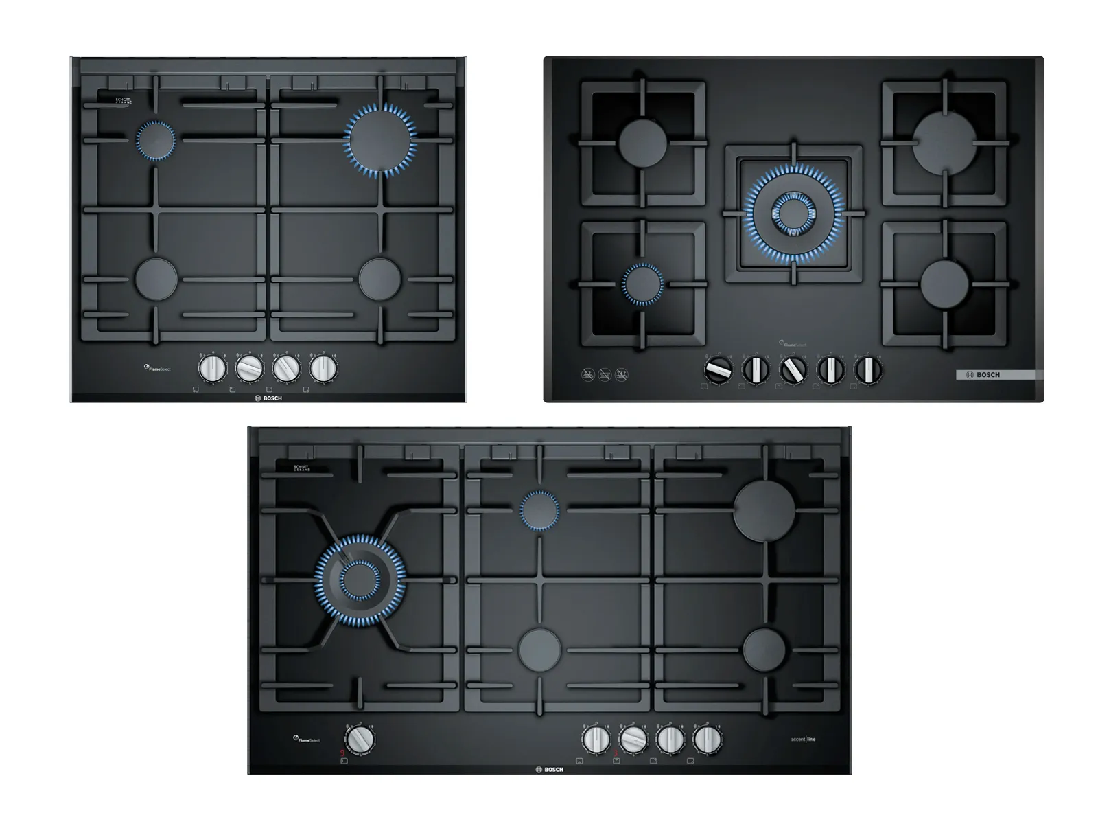 Four black gas cooktops showcasing various burner configurations and knobs, featuring indicators for heat control.