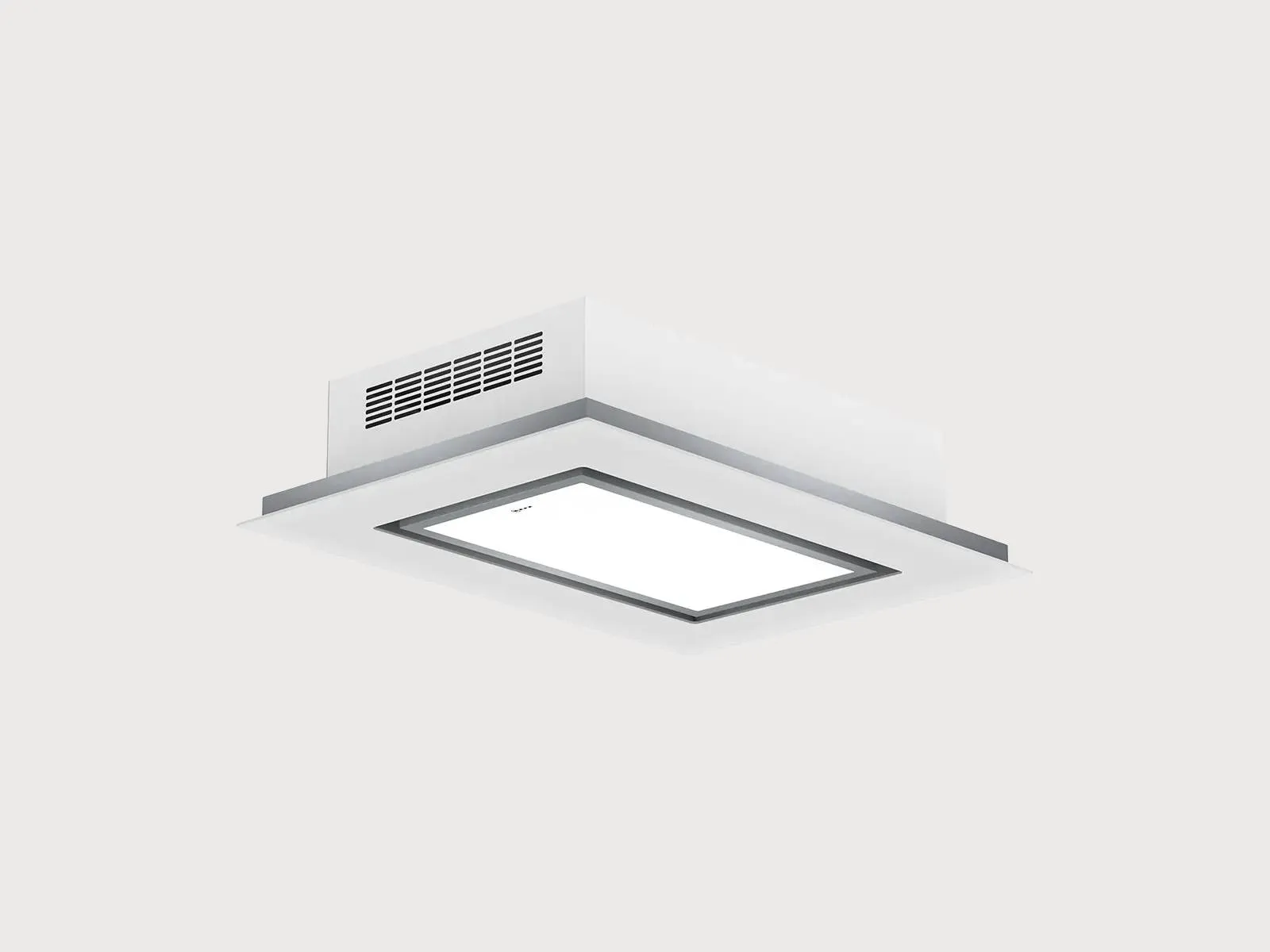 Modern ceiling-mounted light fixture with a sleek design, featuring a rectangular LED panel and ventilation slats in silver.