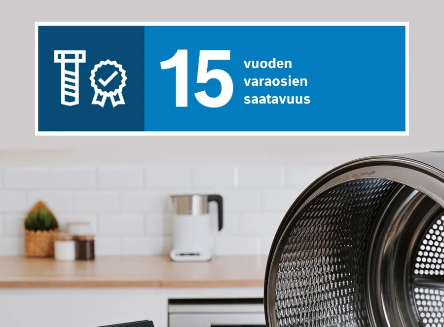 Pöydällä Boschin kodinkoneiden osia ja yllä 15 vuoden varaosien saatavuus -kuvake.