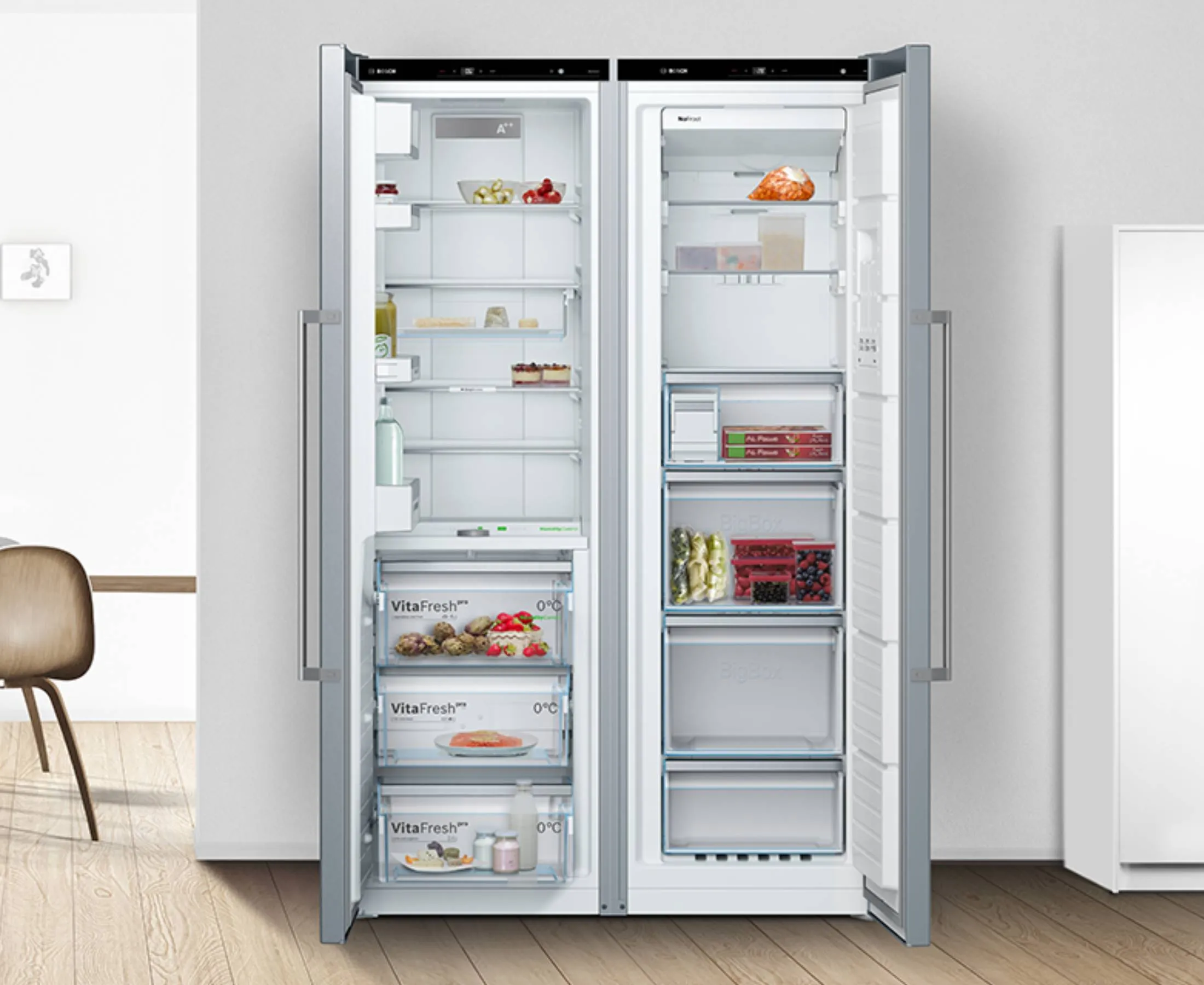 Tidy fridge freezer with open doors