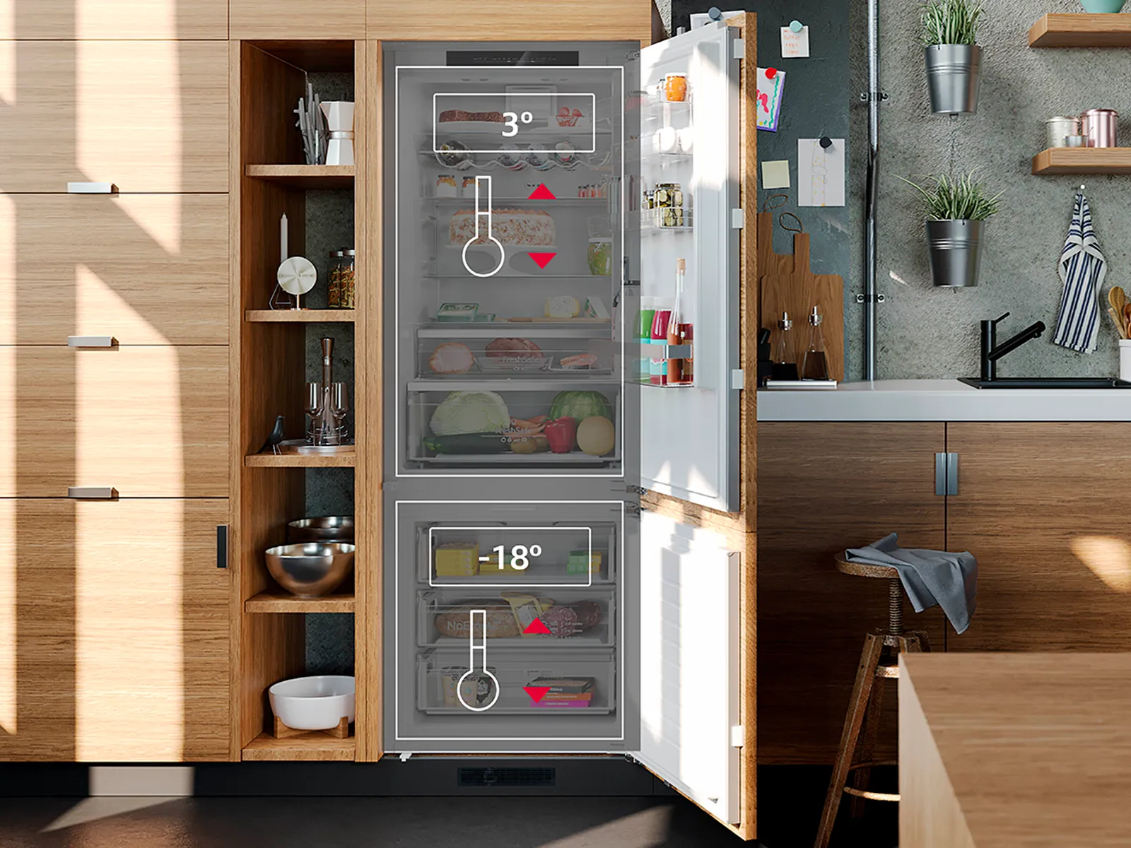 Eine Küche, die eine warme und einladende Atmosphäre ausstrahlt, mit Küchenschränken aus Holz und einem Kühlschrank.