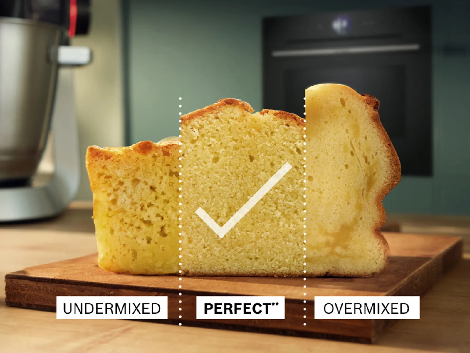 The image shows a loaf of bread cut in half, placed on a wooden board. The loaf is divided into three sections labeled as "UNDERKNEADED," "PERFECT," and "OVERKNEADED." A checkmark is placed over the "PERFECT" section, indicating the ideal consistency and texture of the bread, while the other two sections illustrate the qualities of underkneaded and overkneaded bread.