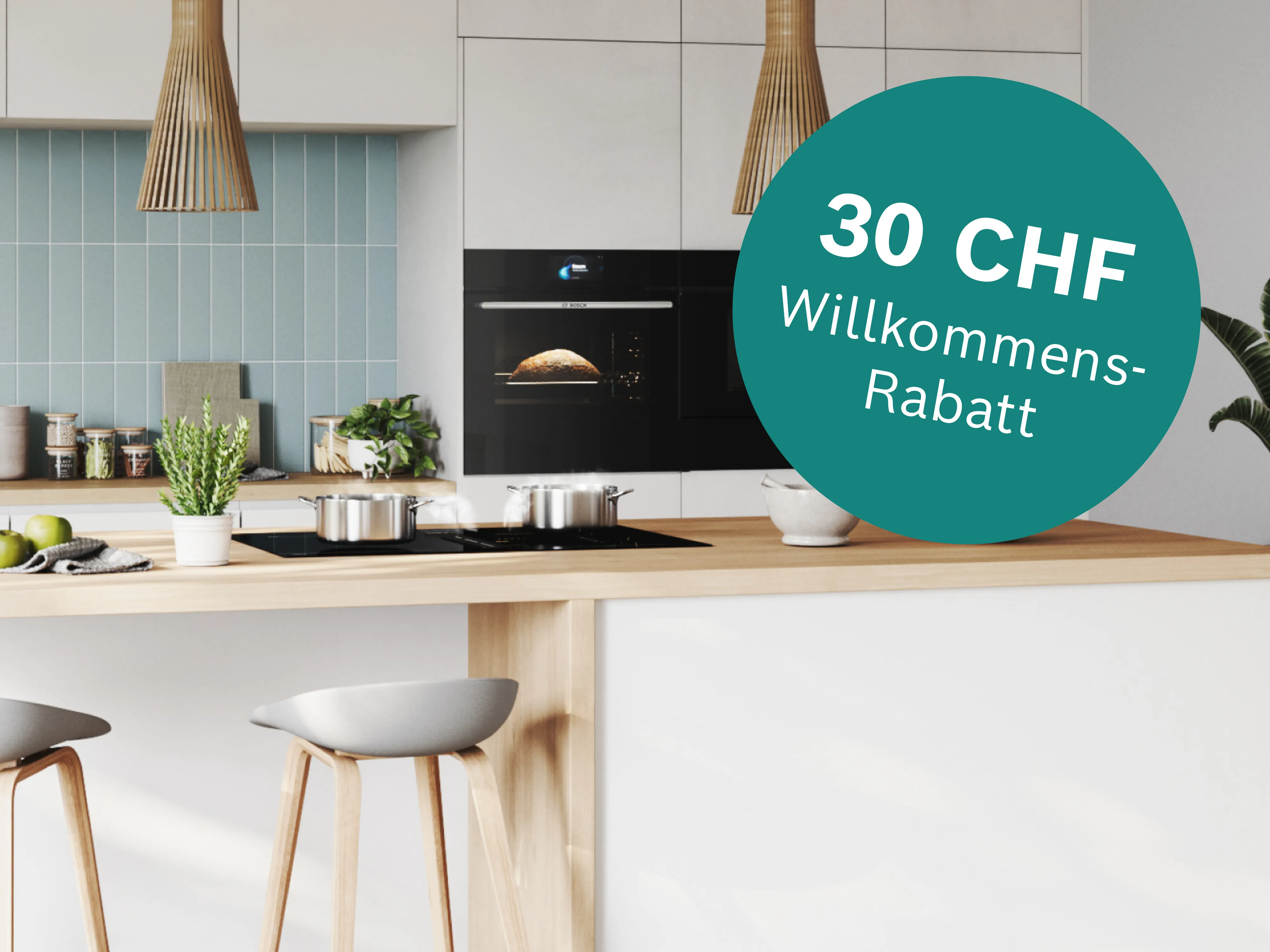 Moderne Küche mit gefülltem Kühlschrank und einem Schild mit; 30 CHF Willkommens-Rabatt