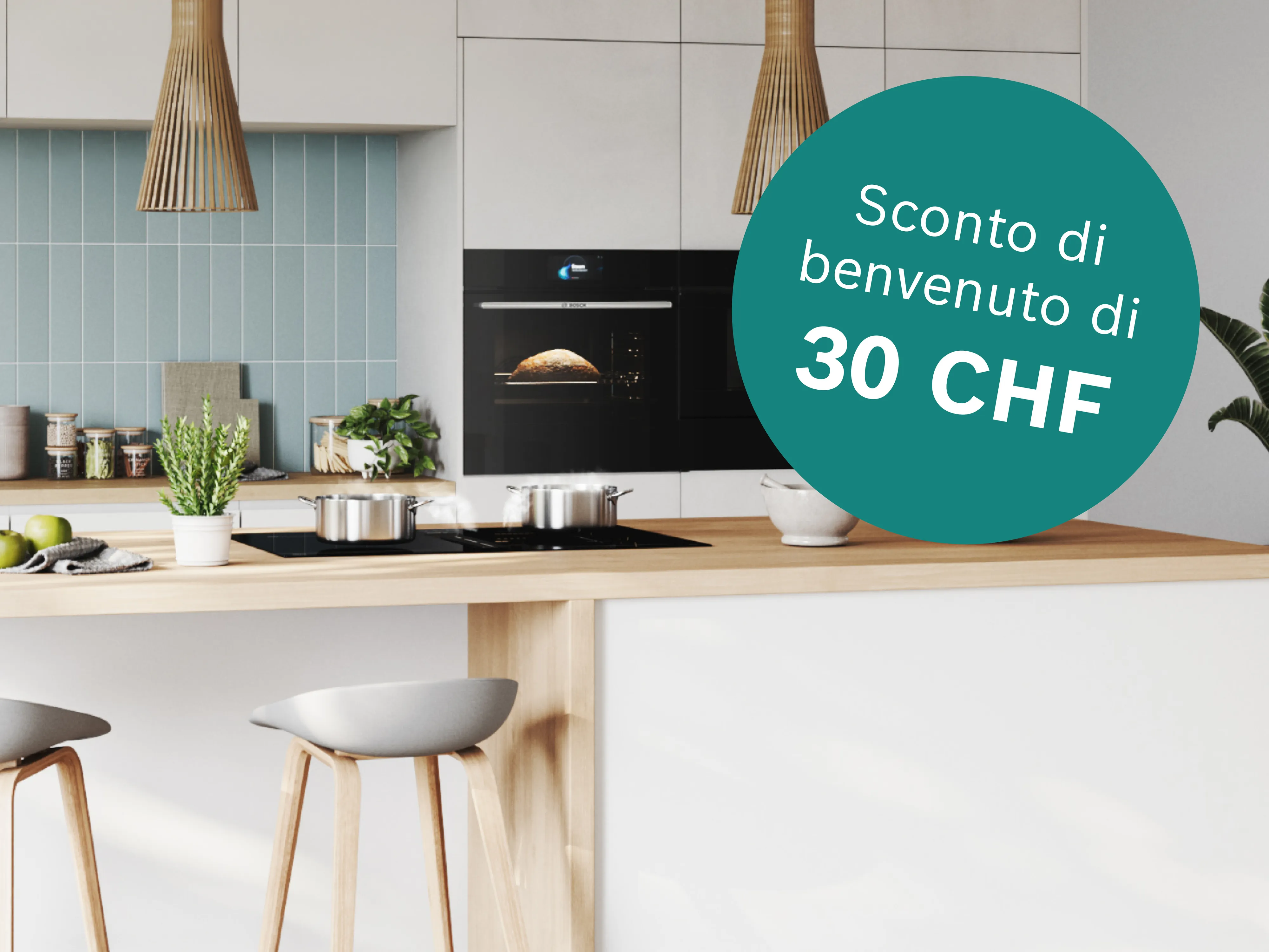 Cucina moderna con frigo pieno e cartello con scritto "30 CHF di sconto di benvenuto"