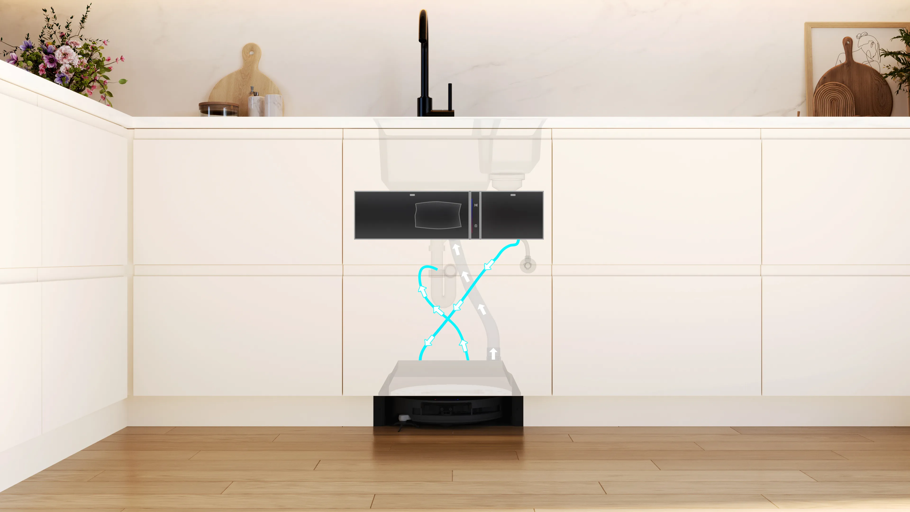 Die Visualisierung der Anschlüsse des neuen Einbau Saug- und Wischroboters von Bosch in einer hellen Einbauküche.
