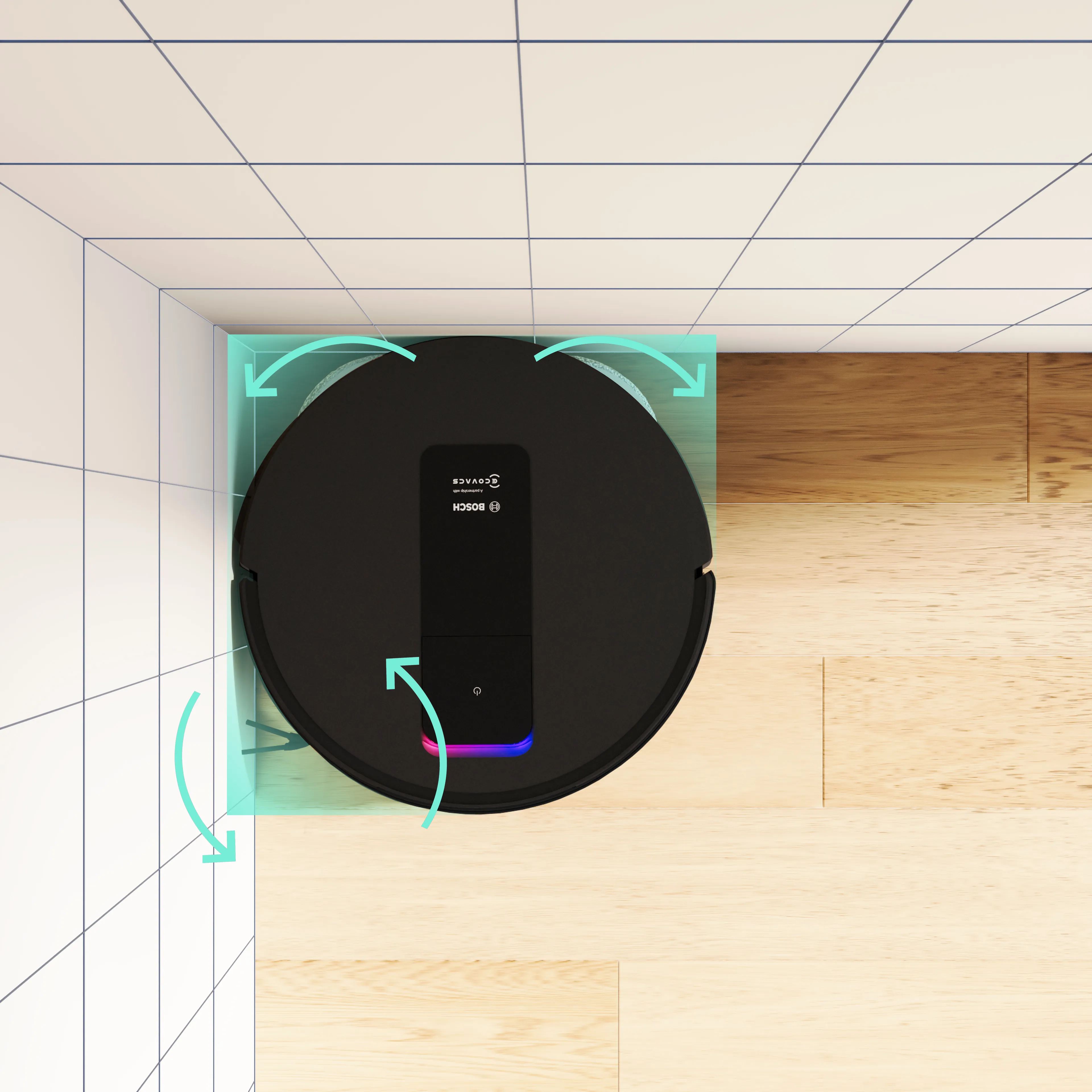 Un aspirapolvere robotico nero naviga nell'angolo di una parete piastrellata e di un pavimento in legno, con frecce blu che indicano la direzione del suo movimento.