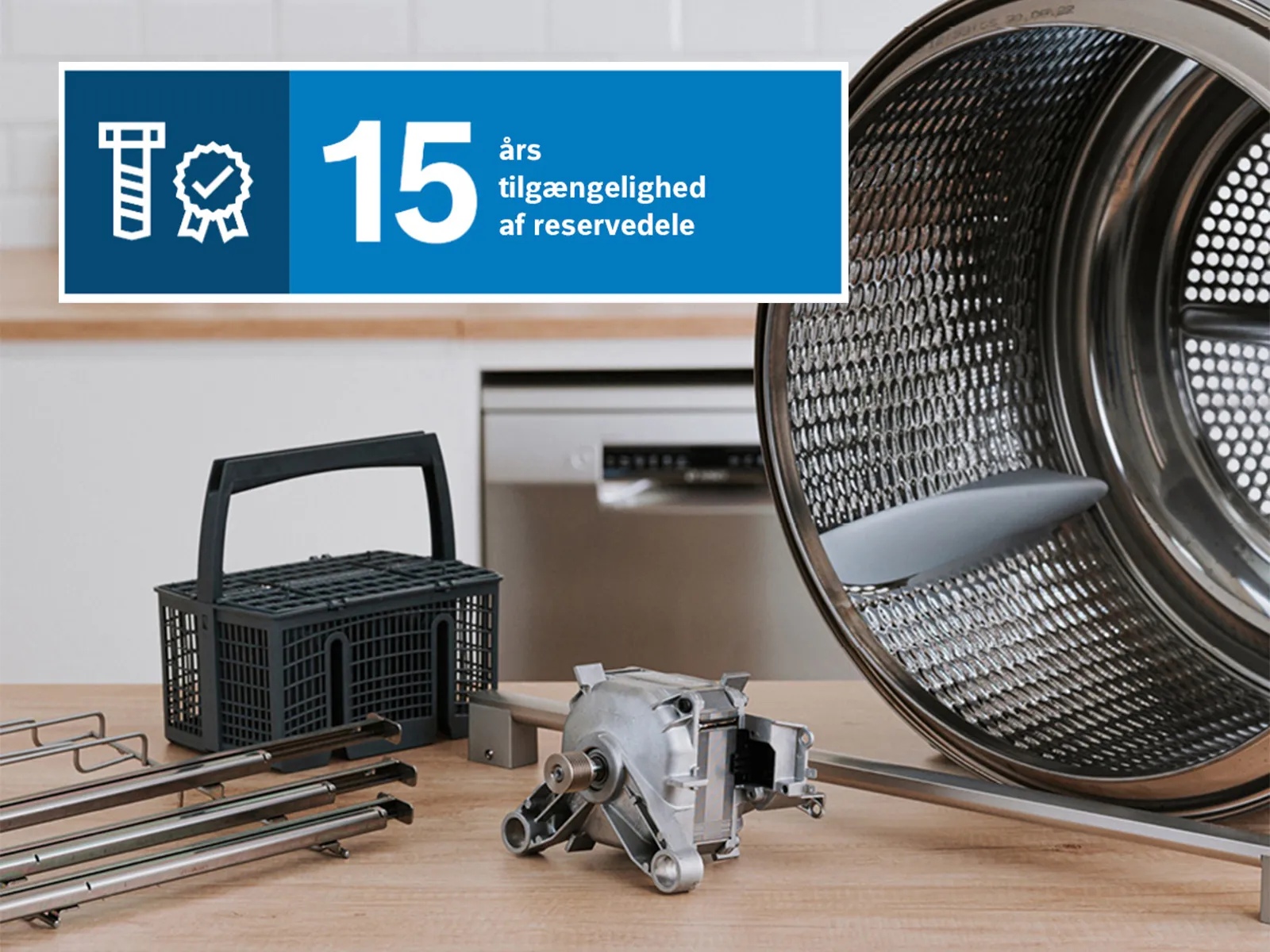 Bosch kvalitet – 15 års tilgængelighed af reservedele for længere levetid på dine hvidevarer.