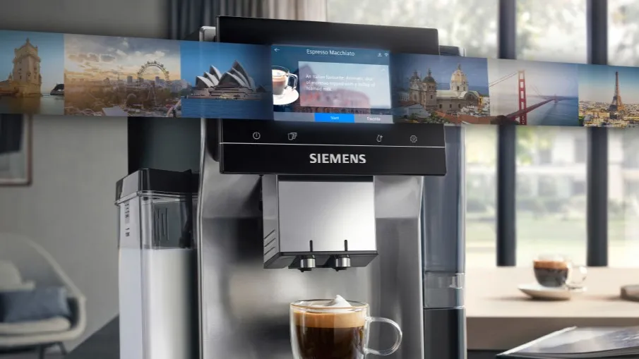 Siemens coffee machine with display photos showing international locations