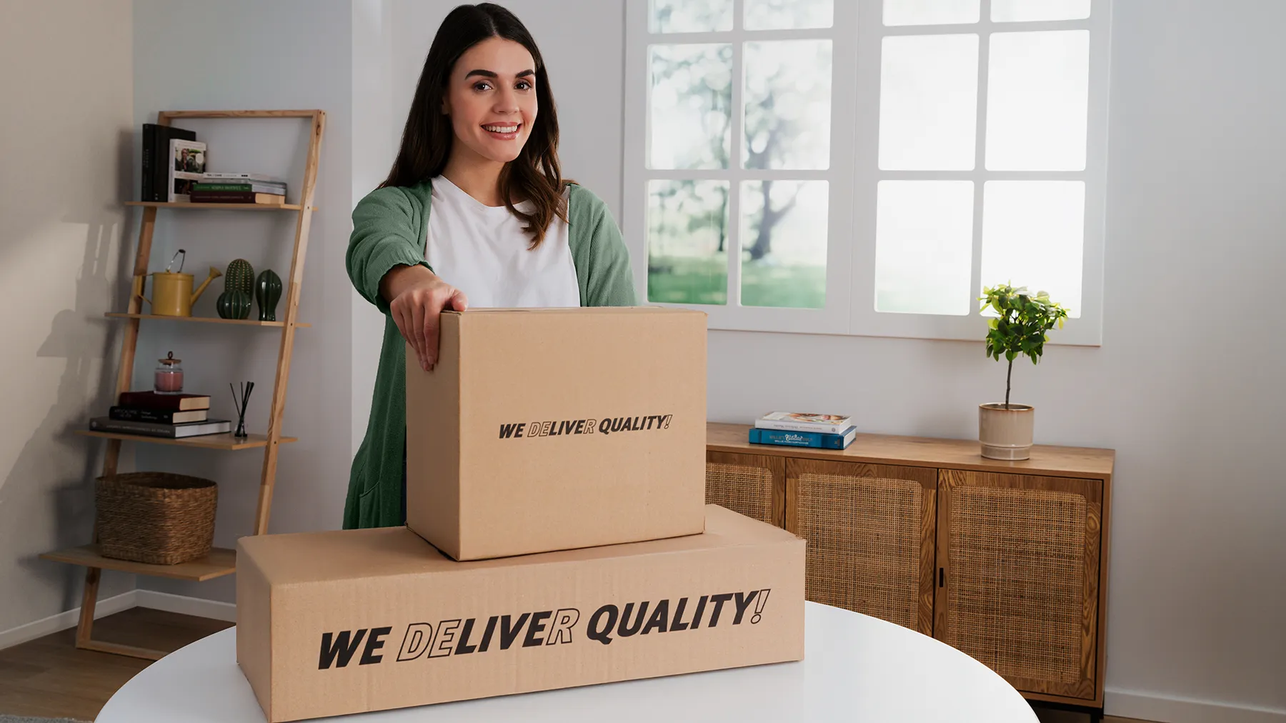 En kvinna presenterar två kartonger med texten "We deliver quality!".