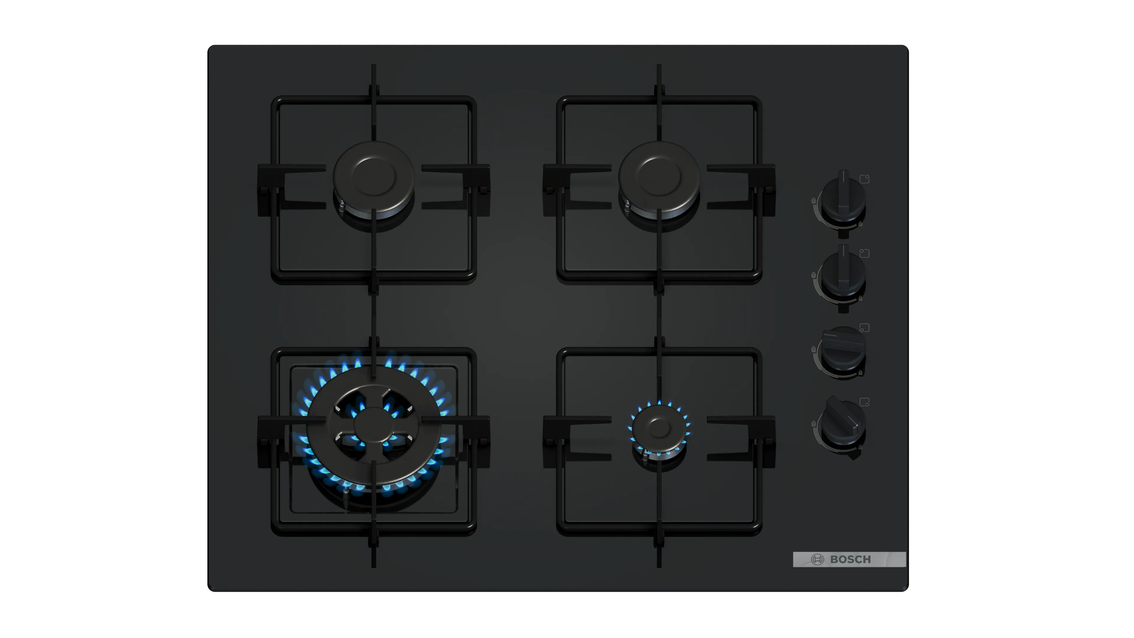 Gāzes plīts virsma ar četriem degļiem un skatu no augšas