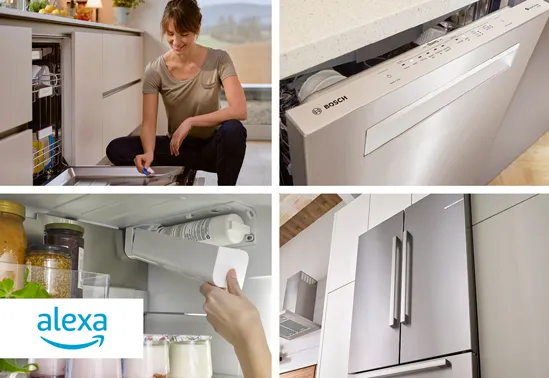 Collage of Bosch kitchen appliances with a dishwasher, fridge, and Alexa integration.