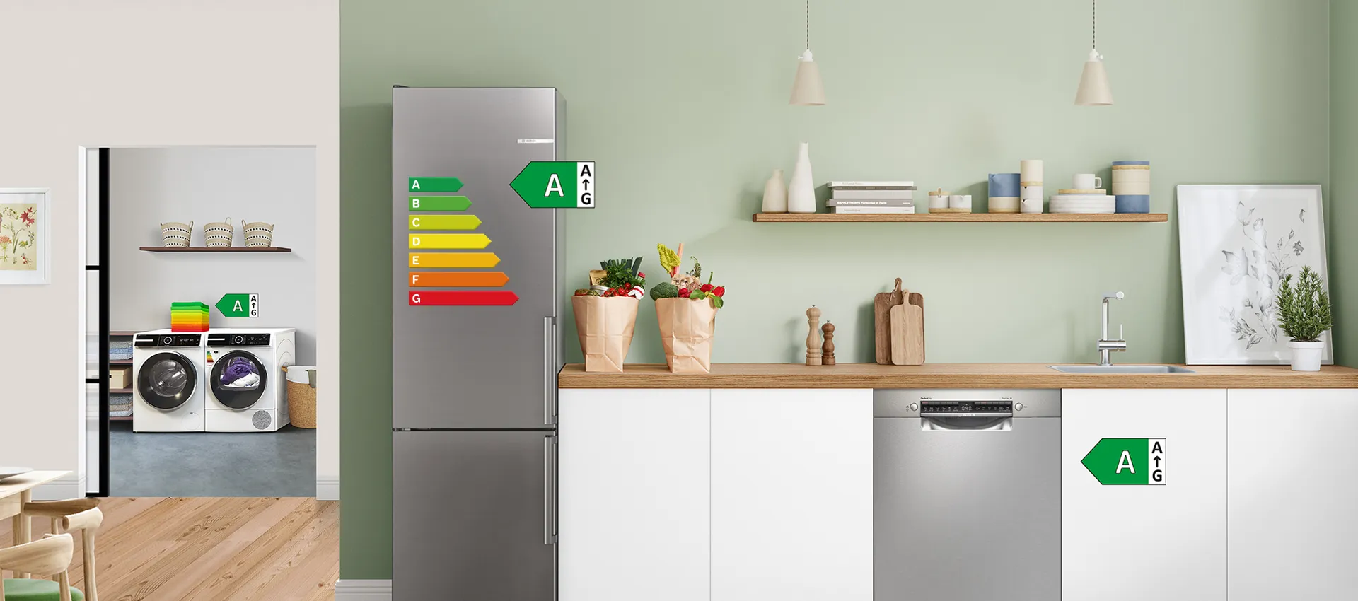 Une cuisine moderne avec un réfrigérateur, un lave-vaisselle et des machines à laver, tous affichant des étiquettes d'efficacité énergétique en évidence.