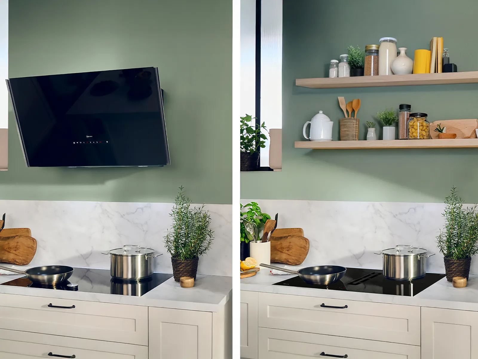 A man prepares a meal in a kitchen, surrounded by fresh vegetables and using a venting hob for cooking.  
