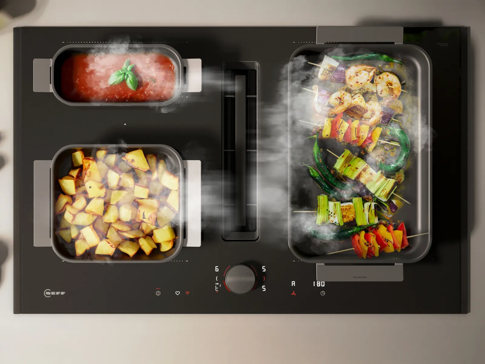 A stove top featuring induction cookware with food actively cooking on it.