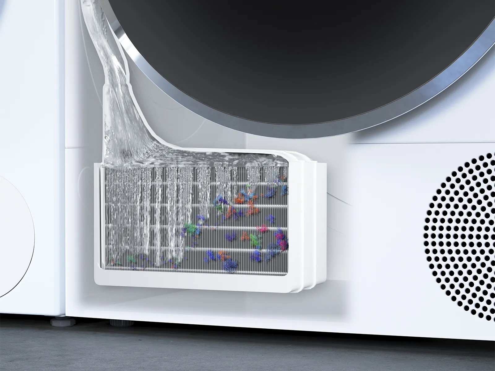 Close-up of a washing machine with a transparent filter showing water and colorful particles.