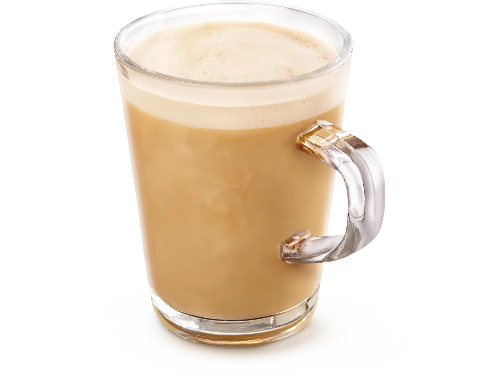 A glass mug filled with creamy coffee topped with frothy foam, resting on a white background.