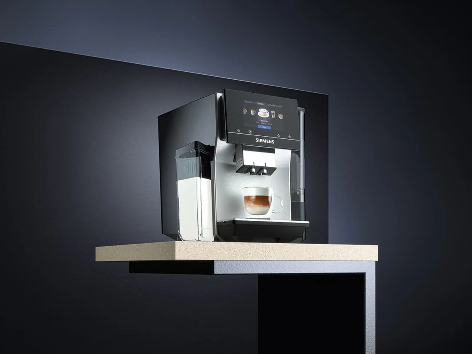 Siemens coffee machine on countertop against dark background