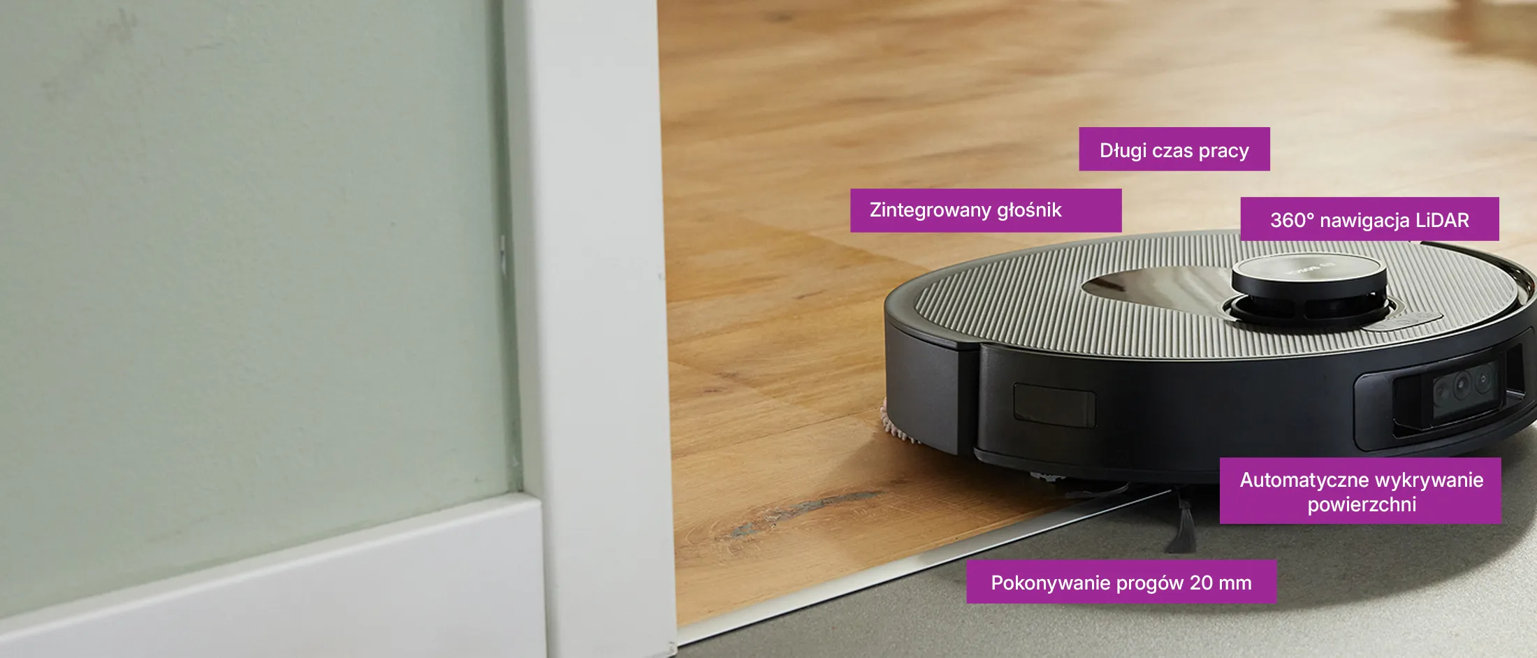 Robot Spotless w drzwiach między dwoma pomieszczeniami o różnych rodzajach podłóg, opisany za pomocą różnych funkcji.