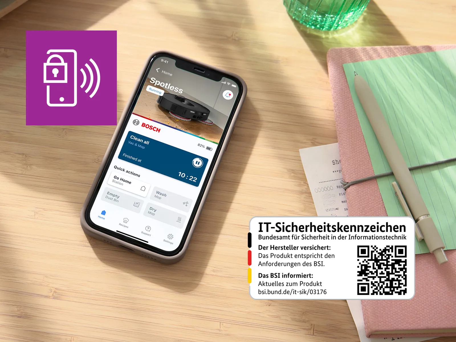 Smartphone zeigt die Spotless Saugroboter Profilseite in der Bosch Home Connect App.