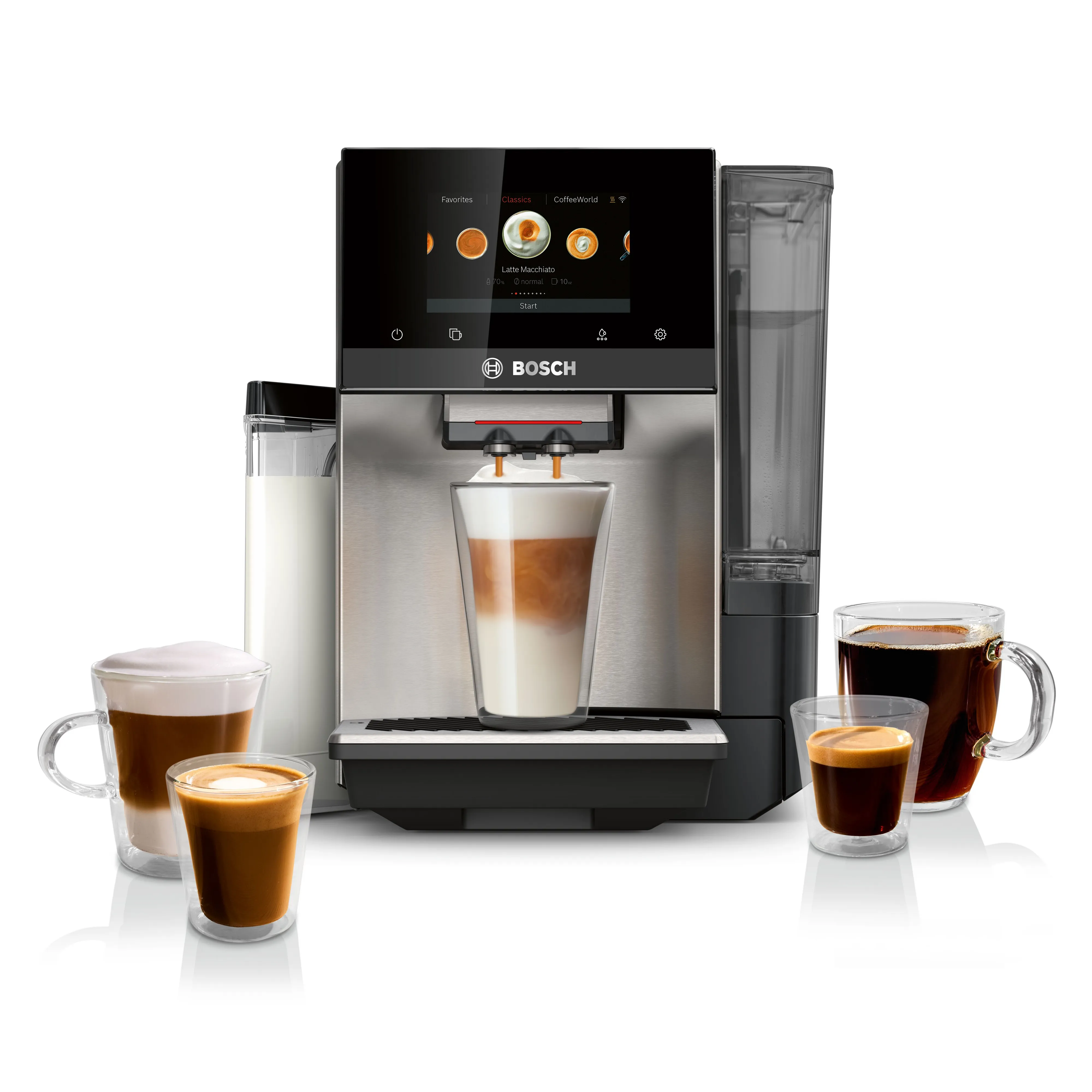 A Bosch coffee machine is making a latte macchiato, surrounded by a cappuccino, double espresso, and black coffee in clear glasses. It features a sleek silver and black design with a touch screen and a milk container.