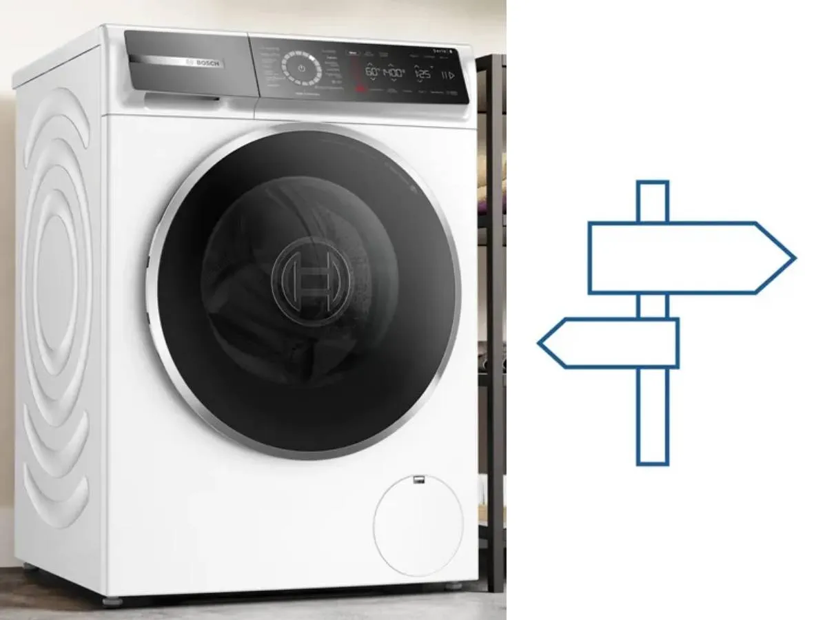 Een moderne Bosch wasmachine in een schone wasruimte.