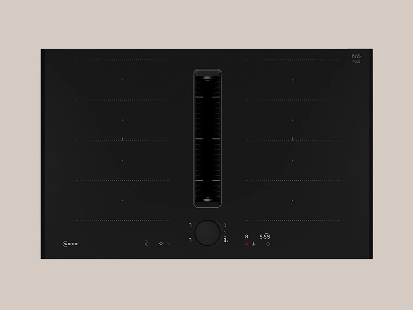 A black stovetop with three red heating elements glowing, while one burner remains off. Modern design with touch controls visible.