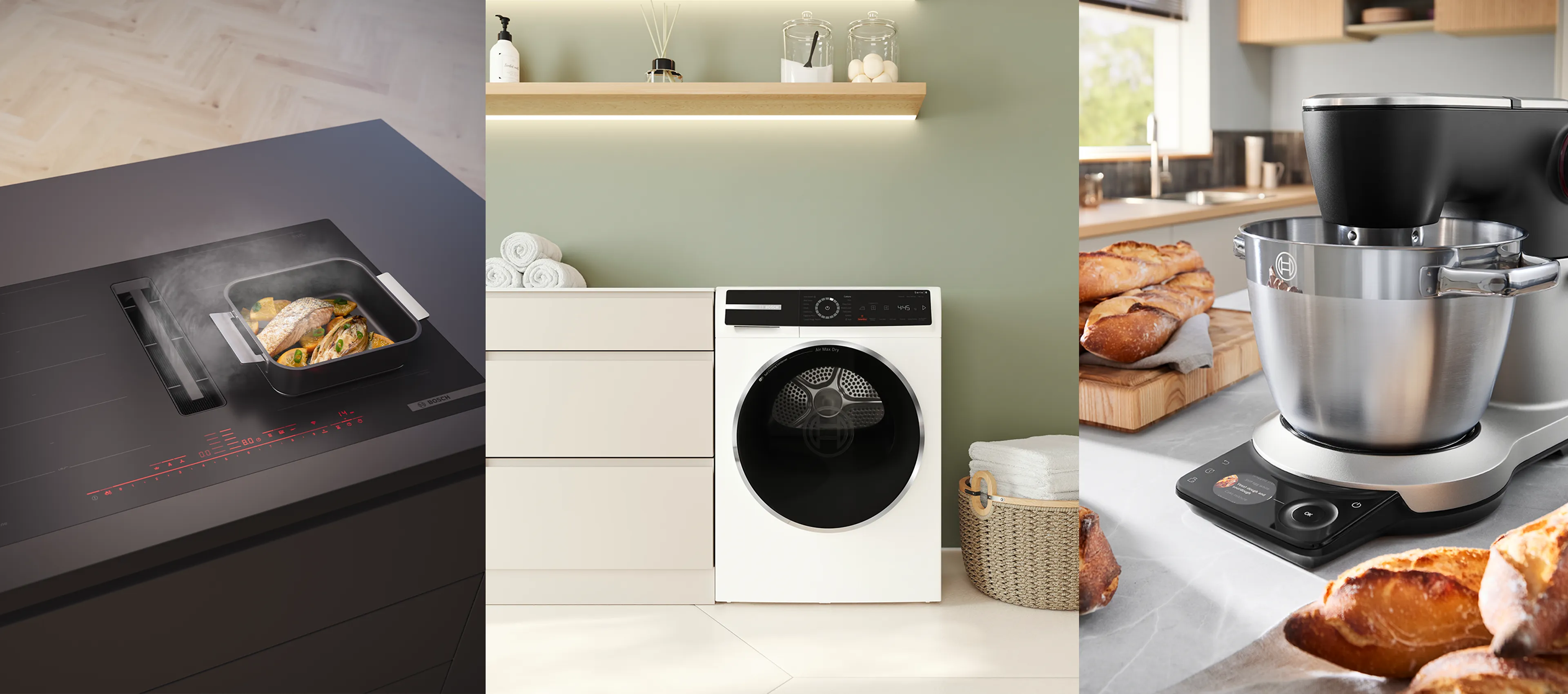 Moderne Bosch Haushaltsgeräte inklusive Induktionskochfeld, Wärmepumpentrockner und Premium-Küchenmaschine.