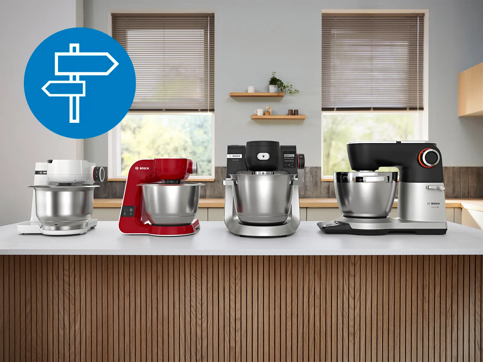 Stand mixers Series 2, Series 4, Series 6 and Series 8 kitchen counter from left to right.