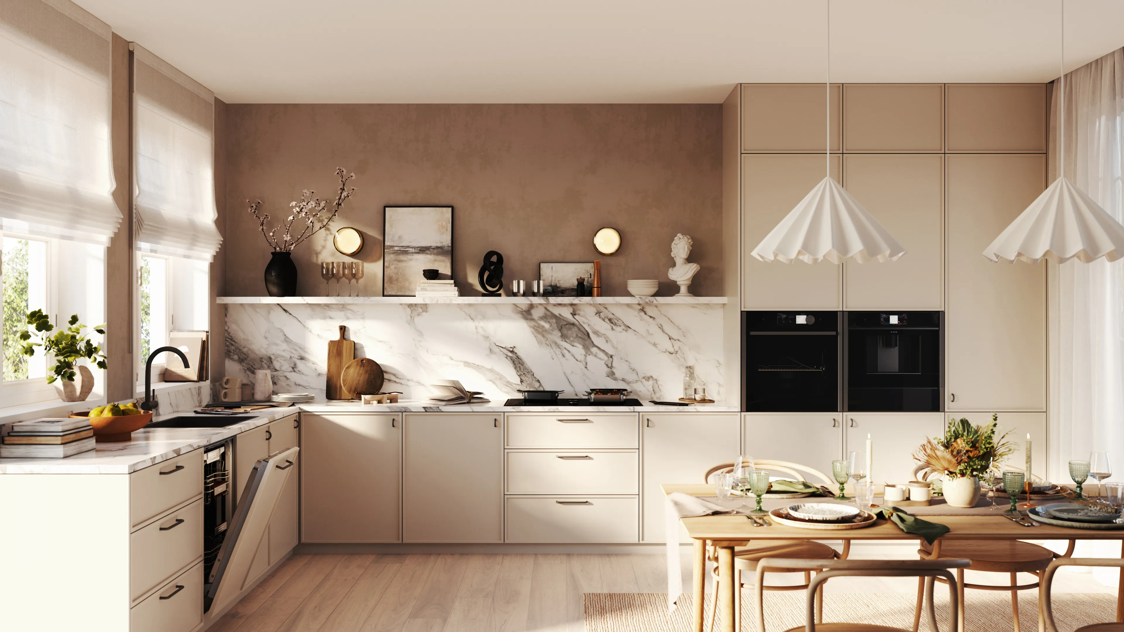 A contemporary kitchen showcasing stylish fixtures and a bright, colorful wall accent.