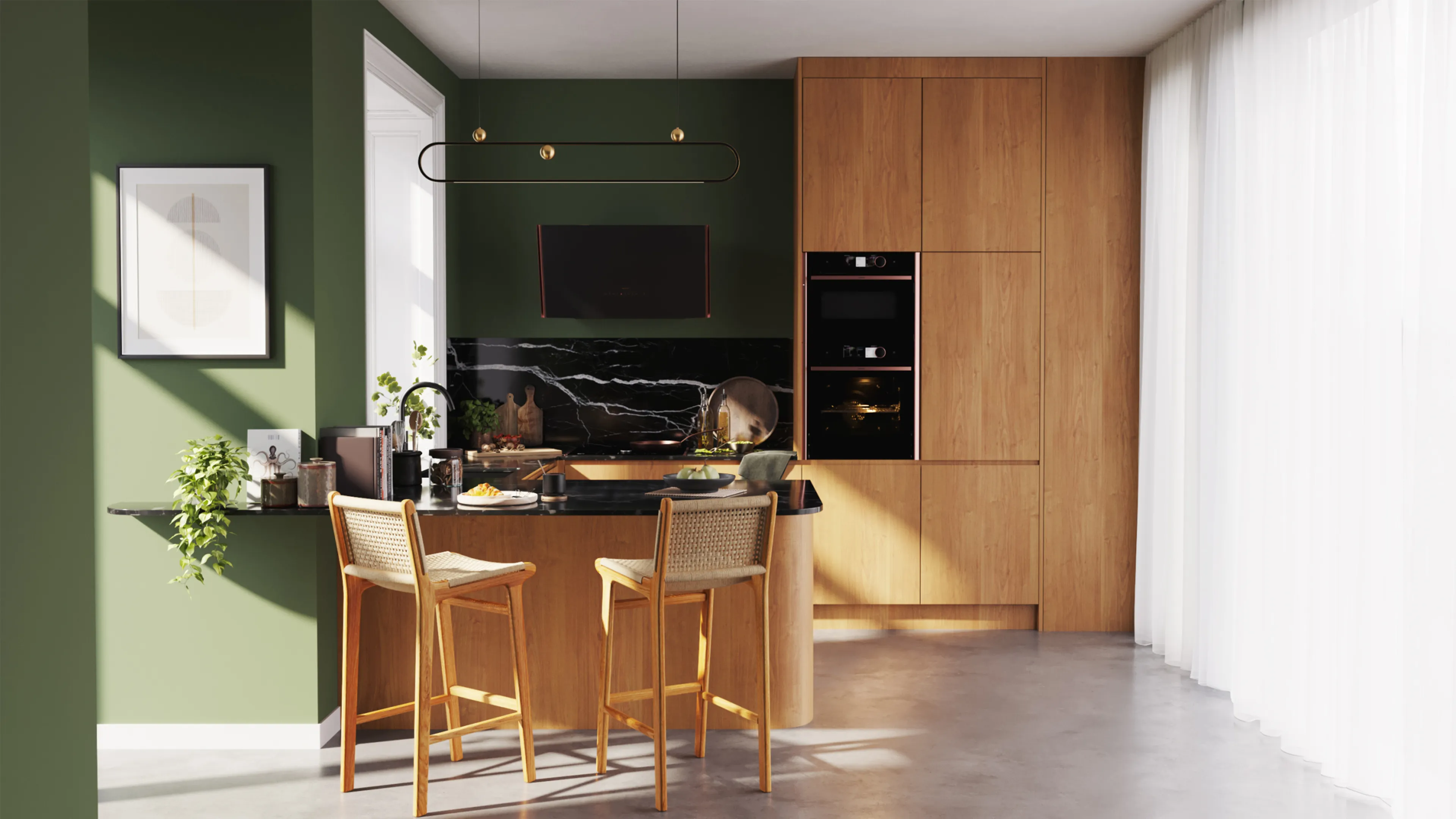 A kitchen featuring green walls and wooden cabinets, creating a warm and inviting atmosphere.